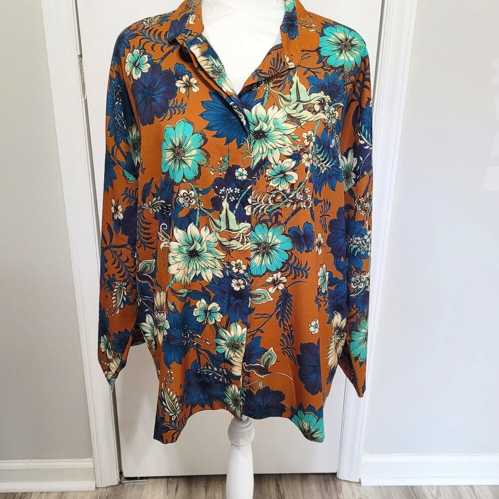 Bryn Walker Women Blouse Shirt Top Large Long Sleeve Button Floral Brown